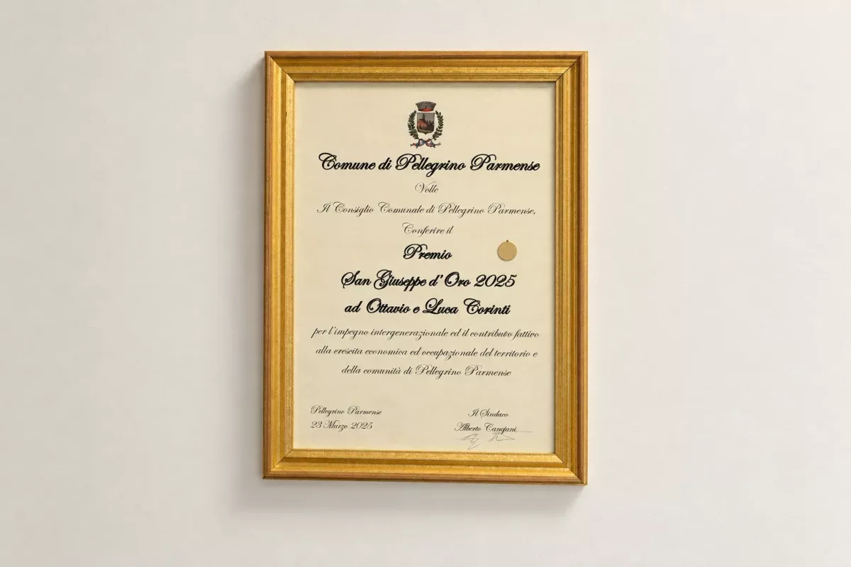 Diploma del Premio San Giuseppe d'Oro 2025 conferito dal Comune di Pellegrino Parmense a Ottavio e Luca Corinti